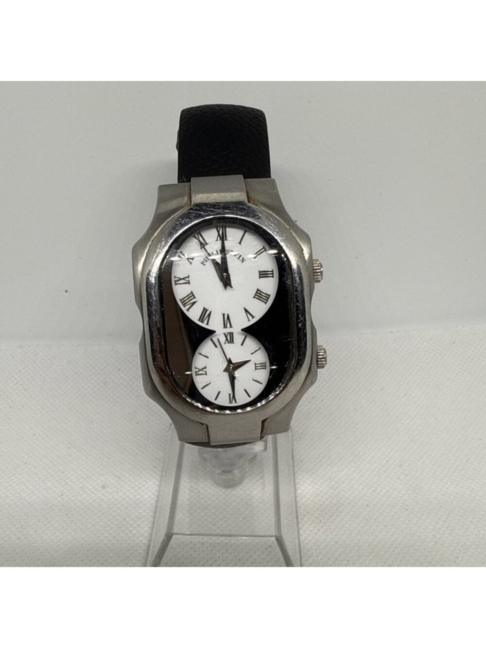 Philip Stein Watch Teslar Dual Time Zone Steel Black Leather Band